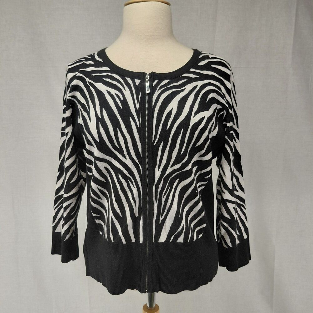 White House Black Market zebra print 3/4 sleeve zip front cropped cardigan SZ XL